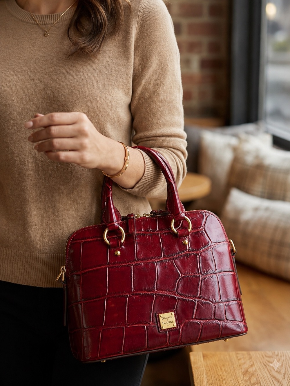 Dooney and Bourke Croco Fino Domed Satchel Bordeaux Burgundy Leather Bag
